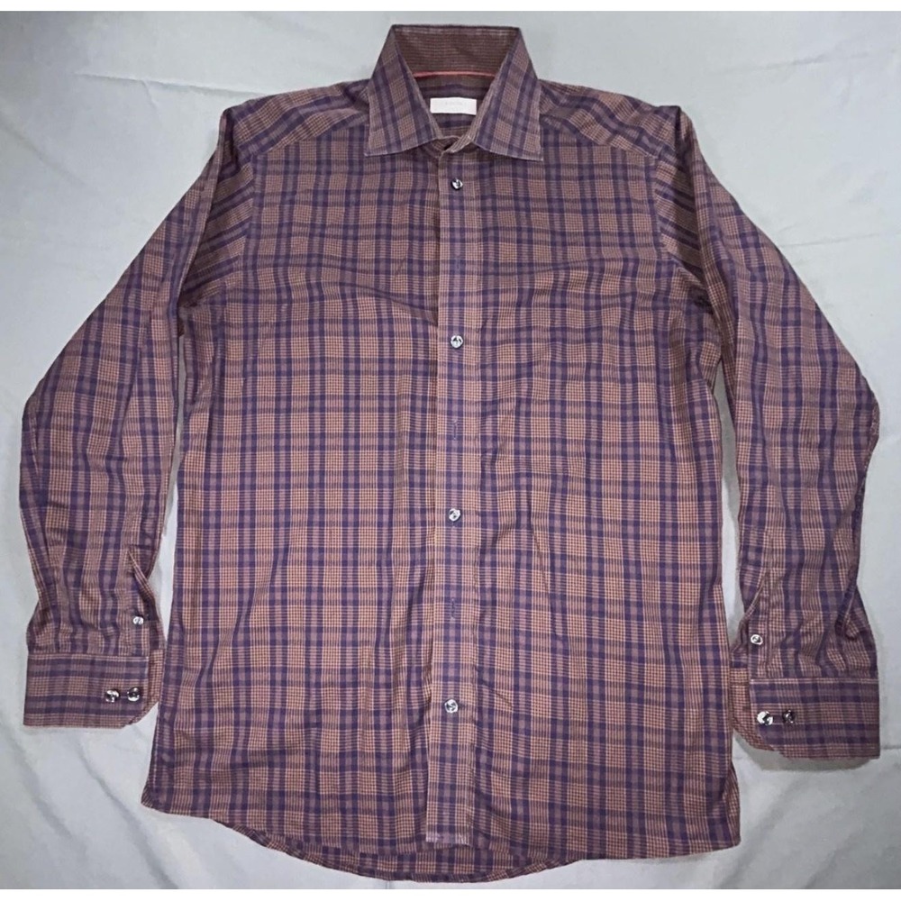 Eton Dress Shirt Mens 15.5 39 Blue Plaid Contemporary Cotton Long Sleeve